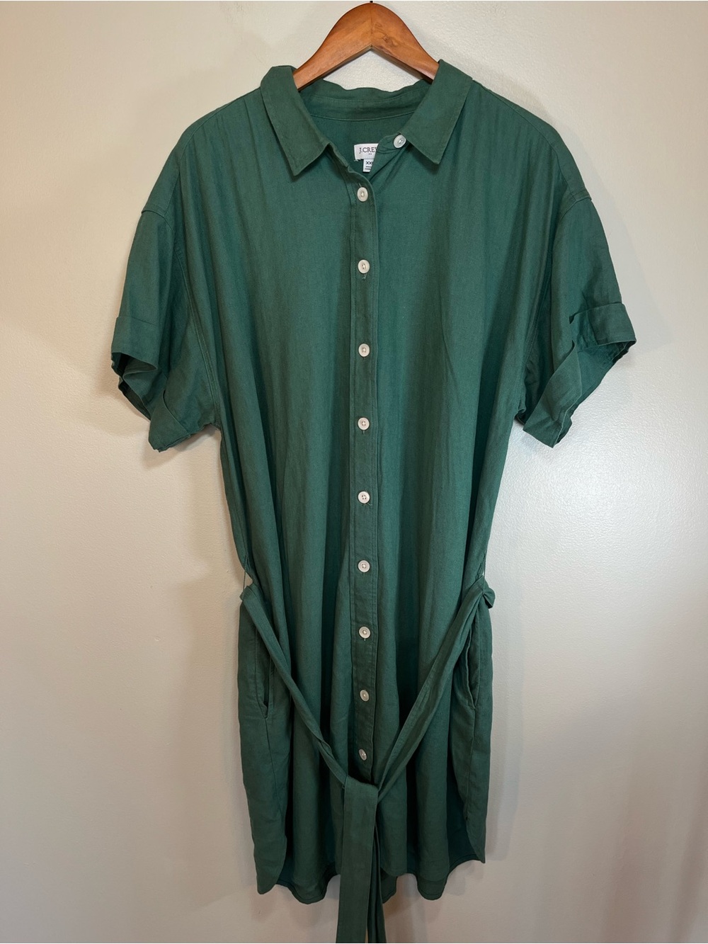 J.Crew Green Linen Blend Button Front Shirtdress XXL classic preppy earthy